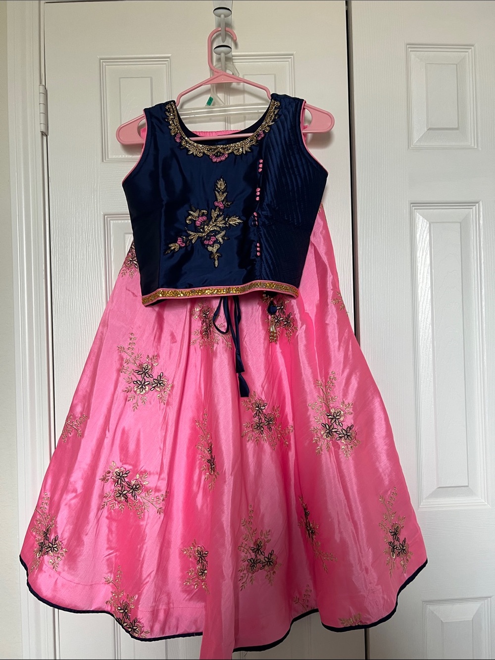 Navy & Pink Girls' Embroidered Party Lehenga Choli